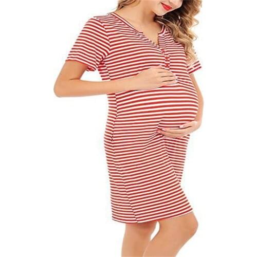 Explosion models womens nursing dress short-sleeved pregnant womens pajamas striped nursing pajamas dress