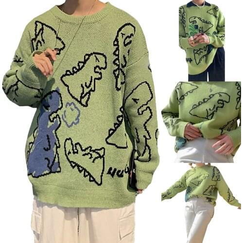 Womens Dinosaur Print Sweater, Fashion Long Sleeve Knit Pullover Loose Jumper Tops