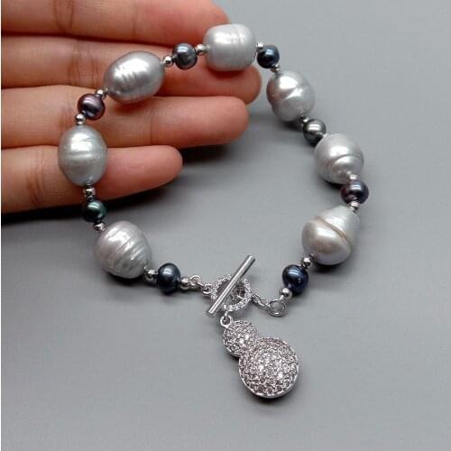 YYGEM Full cz pave gourd Charm natural Cultured Gray Rice freshwater Pearl Black Round Pearl Bracelet Toggle Clasp