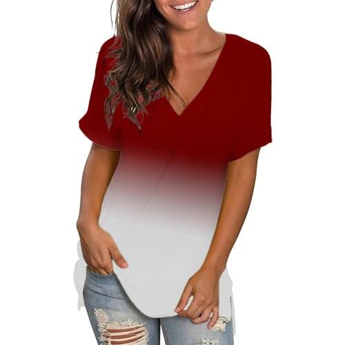 Womens Rainbow Gradient T-shirt Top V-neck Loose Short Sleeve Fashion Casual Summer T-shirt Women 2021 Дамска Тениска #T1Q