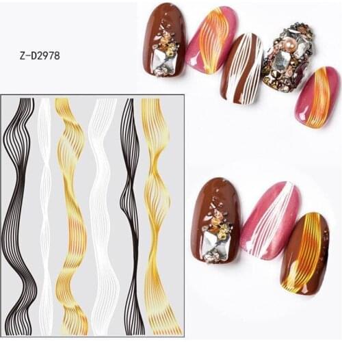 Gold+Black+White Sliders 3D Nail Stickers Straight Curved Liners Stripe Tape Wraps Geometric Nail Art Decorations