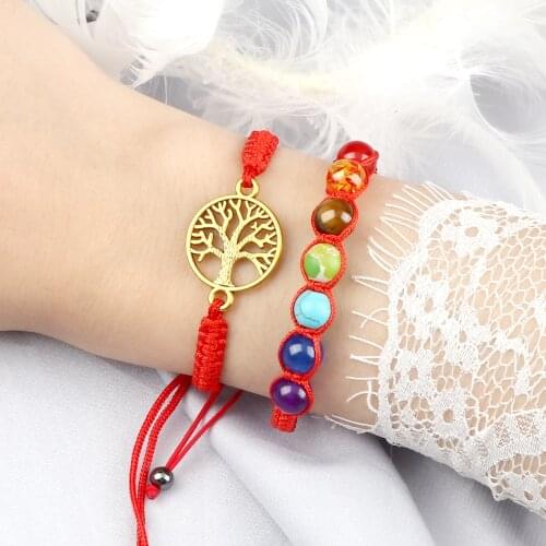 2Pcs/Set Handmade Braided Bracelet 7 Chakra Natural Healing Bracelets Adjustable Life Tree Ally Pendant Bangles Jewelry Pulsera