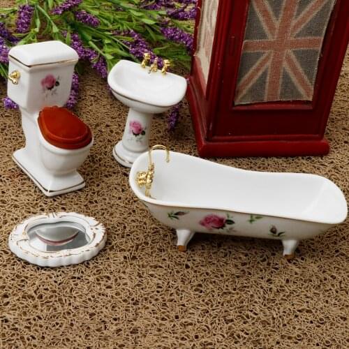4Pcs 1/12 Scale Dollhouse Antique Ceramic Bathtub Bathroom Furnishings
