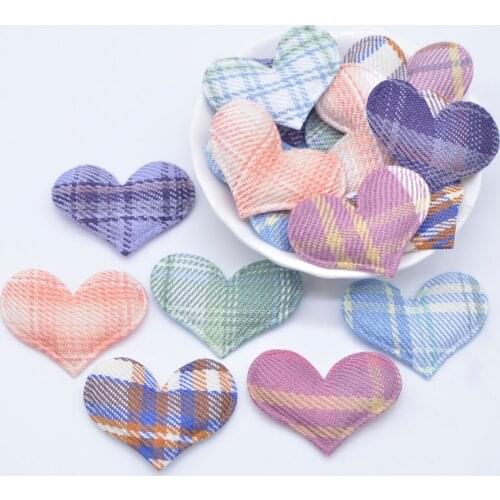 50Pcs 38*28mm Padded Reticulated Plaid Cloth Heart Applique for DIY Hat Clothes Leggings Fabric Sewing Headwear Decor Patches