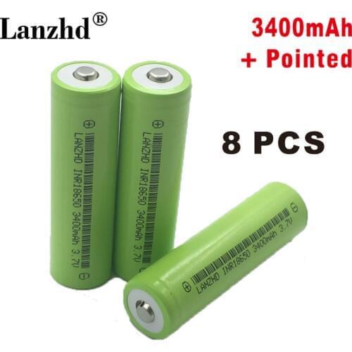 8PCS 100% New Original INR18650 3.7v 3400mah 18650 Lithium Rechargeable Battery For Flashlight batteries with Pointed