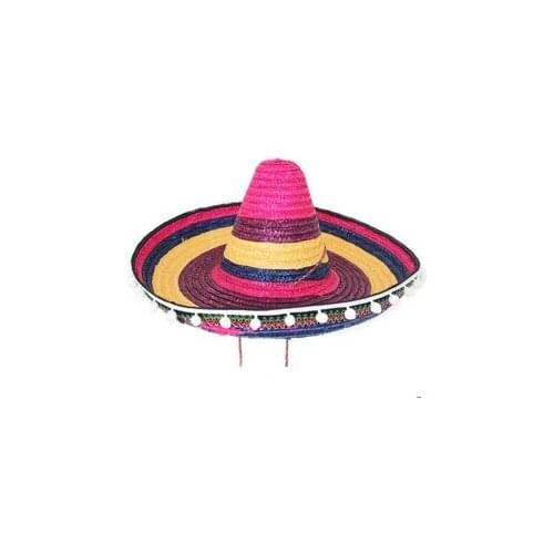 Free shipping 2016 Hot sale Halloween Cosplay Costume Hawaii Mexico Big Large Brim Straw Hat Cap With Pompoms Balls Color Hat