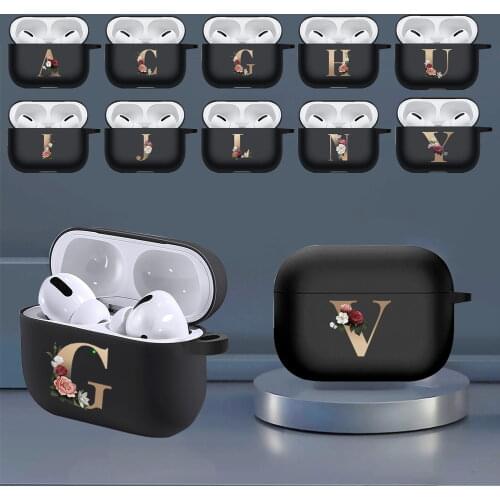 For Apple Airpods Pro Black Wireless Bluetooth Headset Protective Case Luxury Floral Initials Silicone Protective Cover