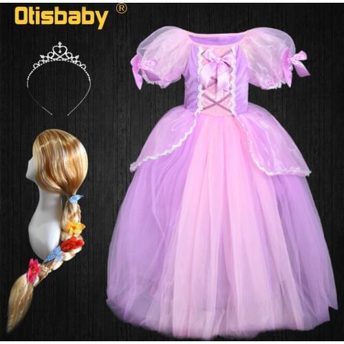 Childrens Christmas Halloween Party Girls Rapunzel Dress Child The Tangled Cosplay Costumes Rapunzel Wig Yellow Braid Hair