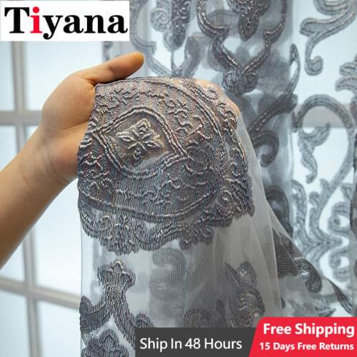 European Luxury Grey High-end Jacquard Curtains for Living Room Bedroom Golden Hollow Villa Patio Tulle Curtain Window Drapes Z