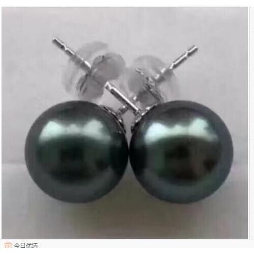 Good charming10-11mm tahitian round black green pearl earring 18k