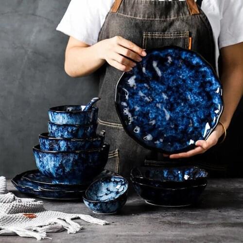 Ceramic Dinner Plates And Bowls Blue Dishes Creative Japanese Retro Kiln Changed Tableware Dinnerware Set