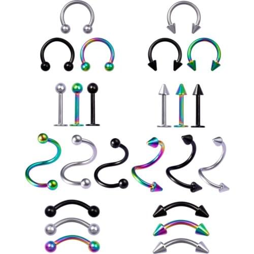 12pcs Spiral Ring Piercing Set Eyebrow Lip Bar Nose Septum Rings Ear Studs Tragus Cartliage Tongue Stainless Steel Body Jewelry