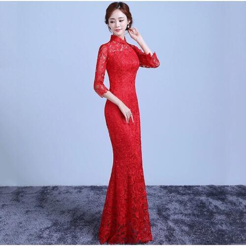 Red Lace Tailing Modern Qipao Long Cheongsam Chinese Traditional Dress Vintage Hollow Wedding Qi Pao Vestido Oriental Dresses