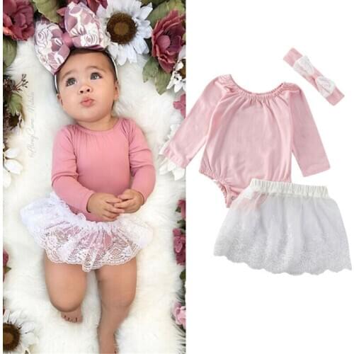 Summer Newborn Kids Baby Girls Clothes Long Sleeve Romper Solid Top Lace Skirt Headband Toddler Outfit Set