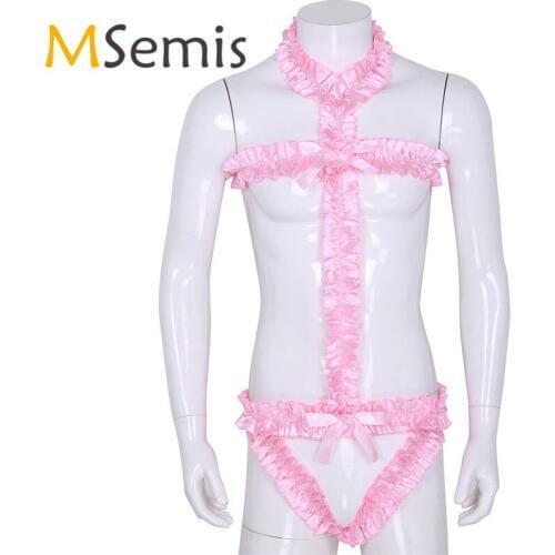 Mens Sissy Lingerie for Gay Sissy Underwear Bodysuit Adult Halter Neck Open Back Panties Cut Out Ruffled Frilly G-String Thongs