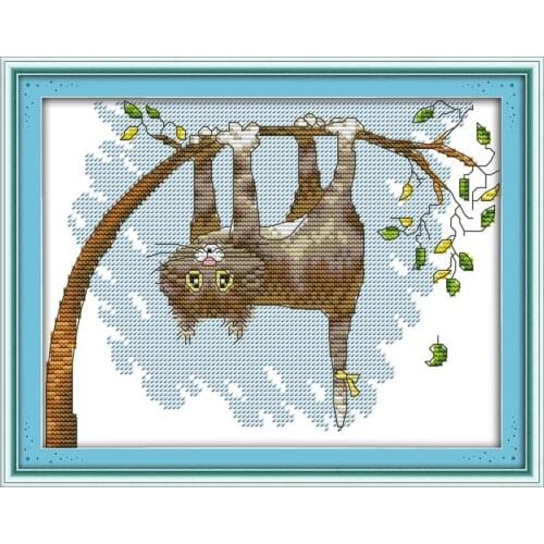 Joy Sunday DIY Cross Stitch Kit Cat Hanging Upside Down on A Tree Pattern Printed for Living Room Chinese Embroidery Needlework