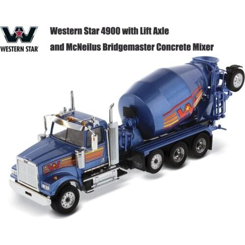 2021 NEW DM Western Star 4900 with Lift Axle and McNeilus Bridgemaster Concrete Mixer in Metallic Blue 1/50 Scale By Diecast