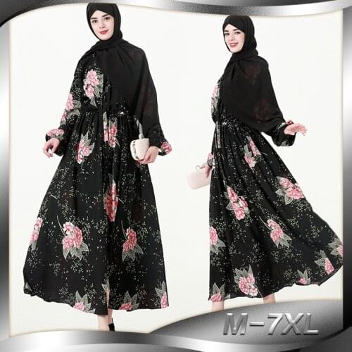 New Elegant Lady Style Muslim Womens Wear Plus Size Autumn/winter Chiffon Long-sleeved Printed And Large Swing Dress Abayas