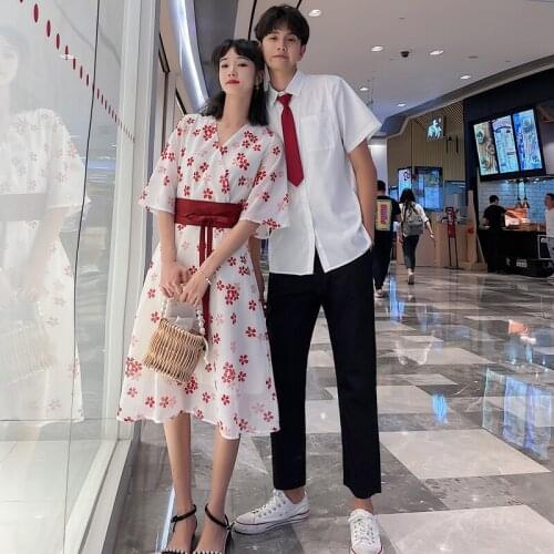 2021 summer new couples wear slimming print mid-length dress couples clothes couples clothing