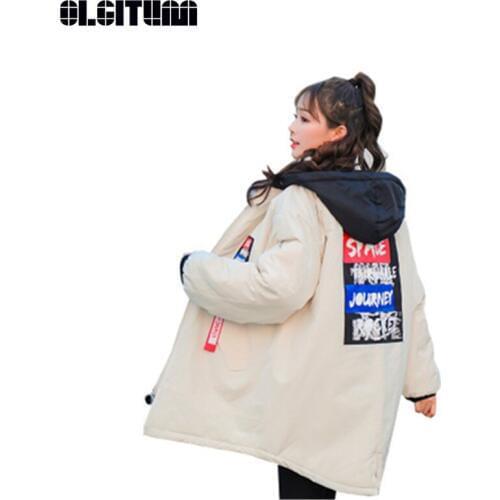 New Winter Fashion Print Letter Zipper Thick Cotton Coat 2020 S-2XL Long Loose Hooded Warm Outwear with Pocket Black Beige CC855