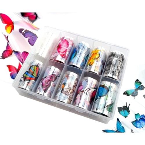 Black, White & Brightly Coloured Butterfly Nail Art Transfer Foil (10 Designs Per Box)10PCS 4x100cm Colorful Transfer Nails Foil