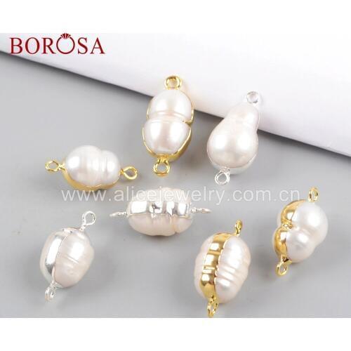 BOROSA Gold Plated Natural Freshwater Pearl Connectors Jewelry Silver Edged Pearl Beads Double Loop for Necklace Bracelet WX1055