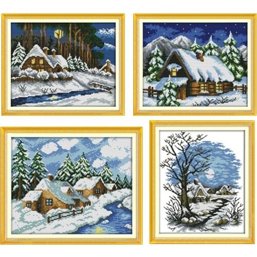 Joy sunday Cross Stitch Embroidery Snow Scenery Cotton Thread count printing DIY Needlework Kits Winter scenery Home Decoration