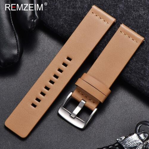 REMZEIM Smooth Genuine Leather Watch Band Strap 18 20 22 24mm Black Dark Brown Yellow Vintage Watchbands Belt Silver Buckle