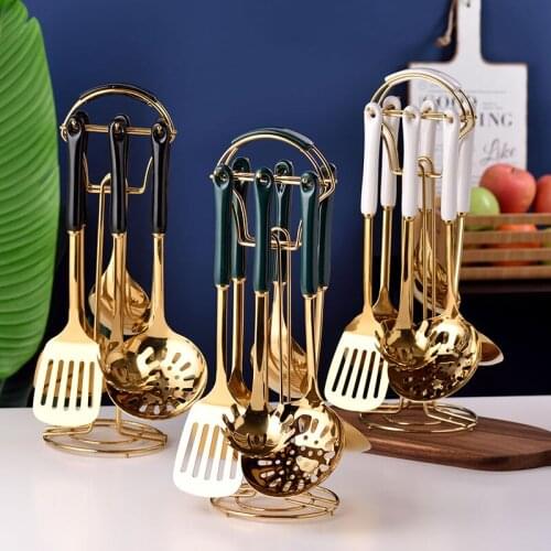 Light Luxury Gold Creativity Stainless Steel Ceramic Kitchen Utensils Household Cooking Shovel Spoon Rice Spatula Colander Set