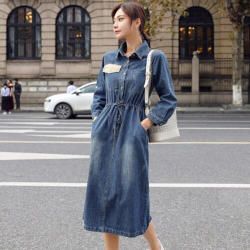 Streetwear Turn-down Collar Slim Denim Dress Women Chic Single-breasted Full Sleeve Women Split Jeans Lacing Dress Femme 2021