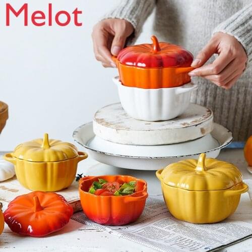 High-End Creative Cute Pumpkin Steamed Egg Bowl Household Slow Cooker Ceramic Binaural Bowl with Lid Childrens Bowl