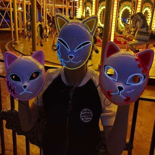 Japanese Anime EL Wire Mask Cosplay Party Supplies Anonymous Face Samurai Cartoon Fox LED Mask For Halloween Party Decoration