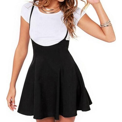 Women Black Skirt With Adjustable Shoulder Straps Pleated Skirt Suspender Skirts High Waist Mini School Skirt