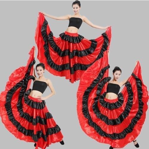 Women Spanish Style Flamenco Long Skirt Belly Dance Costumes Stage Wear Performance Party Dress Red and Black Skirt for Girl