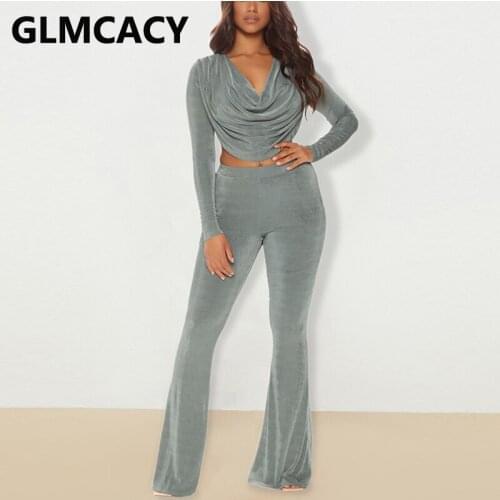 Women Two Piece Solid Velvet Suits Long Sleeve Crop Top & Flare Pants Set