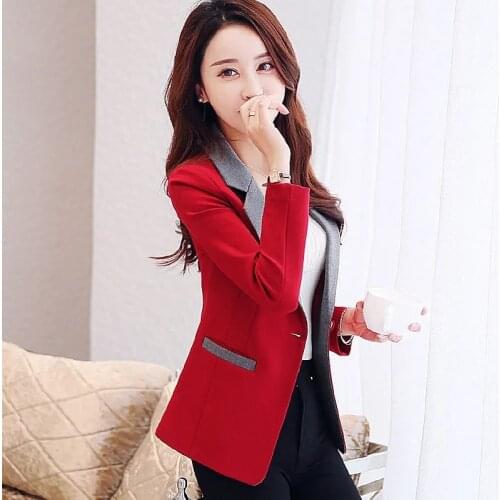 2021 Autumn New Womens Blazer Red Color Matching Single Button Long Sleeve Temperament Lady Lining Suit Jacket Femme Black 530