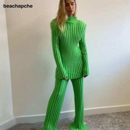 Beachapche 2021 Autumn Winter Long Sleeve Sweater Top Green And Pants Knitted Casual Women Two Piece Set Khaki Fashion Suit