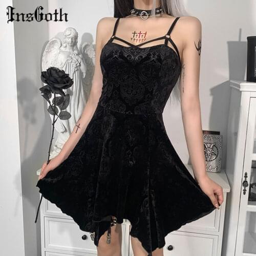 InsGoth Goth Retro Floral Pattern Black Dress Harajuku High Waist Velour Mini Dresses Elegant Spaghetti Straps Lady Partywear
