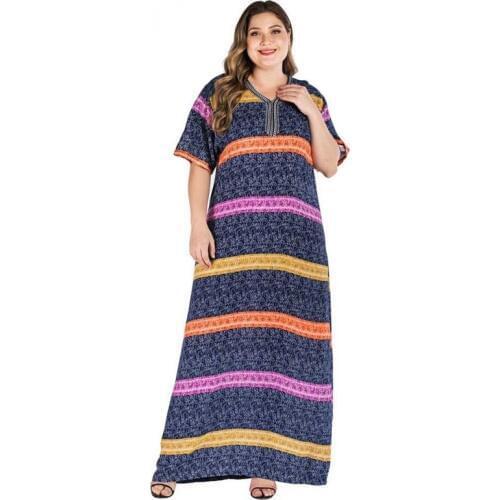 2020 Plus Size Strip Print Boho Dress Women Summer Tunic Short Sleeve Straight Shift Geometric Maxi Dresses