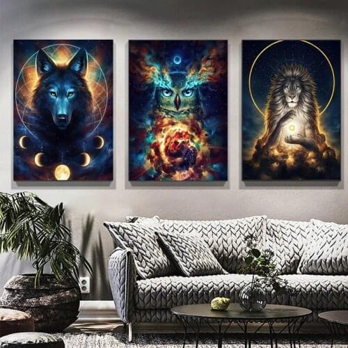 Mystic Moon Wolf and Lion Owl Abstract Canvas Painting Poster and Prints Wall Art Pictures for Living Room Home Decor Cuadros