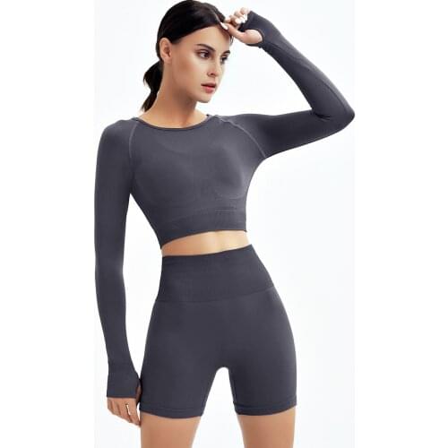 Seamless Yoga Set 2pieces Womens Fitness Suit Knit Dress Ribbed Top And Tight Shorts Booty Push-up Gym-wear Long Sleeves Outfit