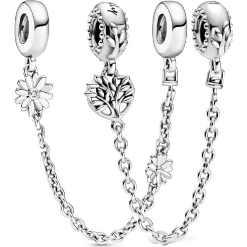 Daisy Flower Heart Family Tree Safety Chain Charm 925 Sterling Silver Bead Fit Bracelet Europe DIY Jewelry