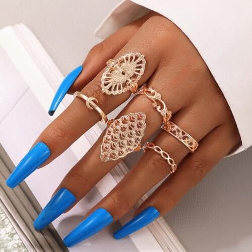 Docona 6pcs/set Vintage Hollow Flowers Joint Ring Sets for Women Elegant Irregular Geometry Moon Female Party Jewelry 18664