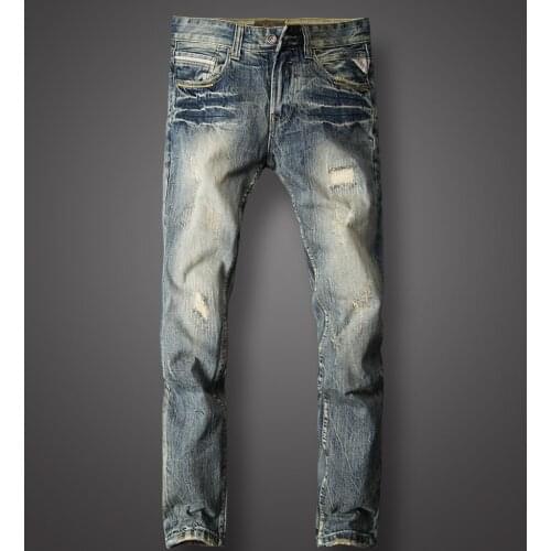 European Street Fashion Men Jeans Retro Distressed Patchwork Slim Fit Ripped Jeans Men Vintage Designer Casual Denim Punk Pants