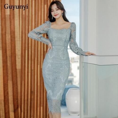 Elegant Party Dress 2021 Spring Simple Pencil Dress Solid Color Square Collar Puff Sleeve High Waist Tight Lace Dress Women