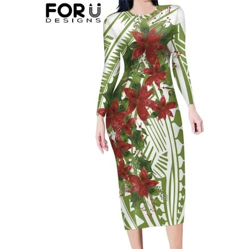 FORUDESIGNS Women Fashion Tight Pencil Dresses Hibiscus Flower Polynesian Symbol Pattern O-Neck High Quality Vacation Clothing