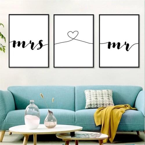 Modern Nordic Mrs and Mr Home Decor Nordic Canvas Painting Wall Art Picture Romantic Print Minimalist Decor Painting for Bedroom