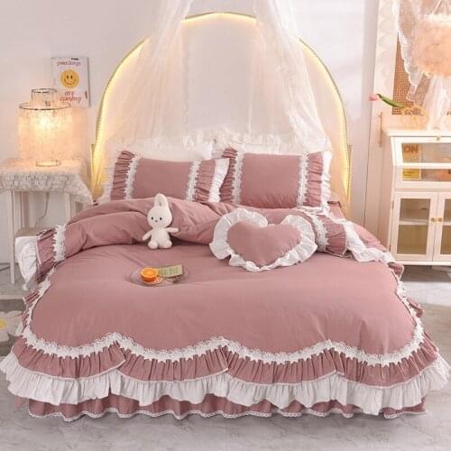 2021 All cottonPleated lace Princess style bedding sets queen king size duvet cover set bed skirt set pillowcase bedclothes 4Pcs