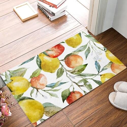 Grapefruit Lemon Leaves Watercolor Painting Doormat Bedroom Kitchen Mat Bathroom Anti-Slip Rug Home Doormat for Entrance Door