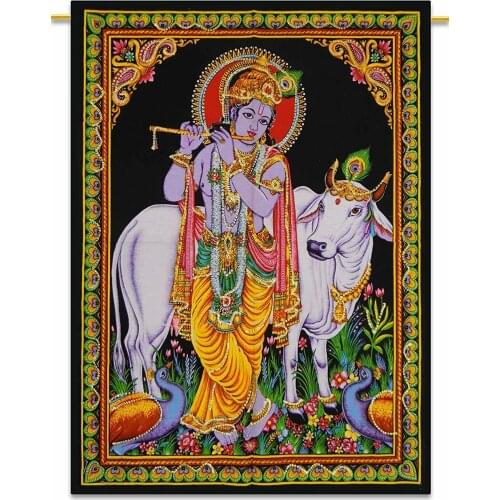 Lord Krishna Cotton Indian Wall Hanging Small Tapestry